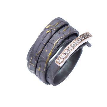 Edge Anodized Titanium Band Ring With Sterling Silver Bar With 10 Zircons 