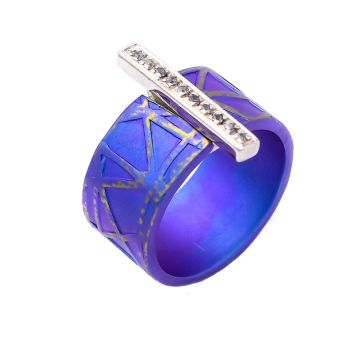 Titanium Ring With A Silver Bar And 10 Zircons. In colour combinations