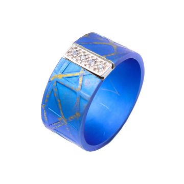 Anodized Titanium Ring With Silver Bar With A Row Of 4 Zircons.In various colors
