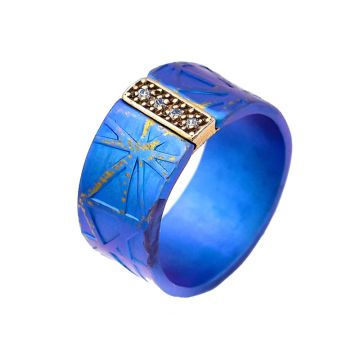 Anodized Titanium Ring With Gold Plated Silver Bar With A Row Of 4 Zircons 