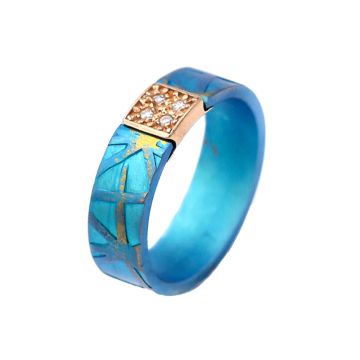 Purple Anodized Titanium Promise Ring With A Gold Plated Silver Bar With Two Rows Of 2 Zircons