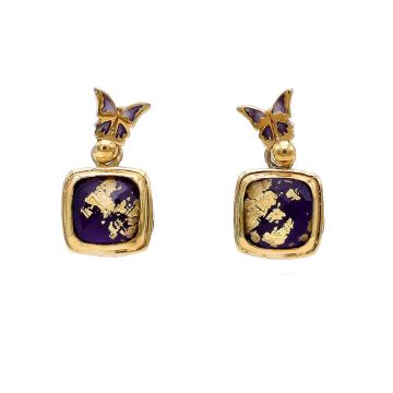 Schmetterlingsohrringe mit Emaille-Wams, Amethyst mit Quarz und 22-Karat-Goldblättern