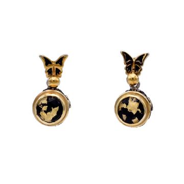 Schmetterlingsohrringe mit emailliertem Wams aus Onyx mit Quarz und 22 Karat goldenen Blättern