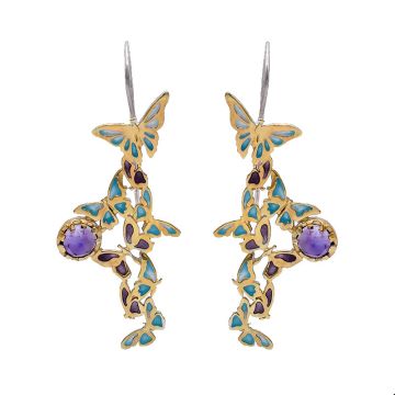 Amethyst-Ohrhänger mit Emaille und Schmetterlingen vergoldet