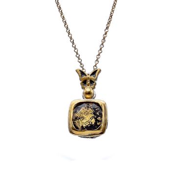 Amulet Butterfly Pendant With Black Agate Gold Plated with Enamel and Golden Leaves 