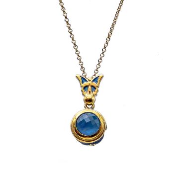 Amulet butterfly pendant Gold Plated with Enamel and Apatite Gemstone with Quartz 