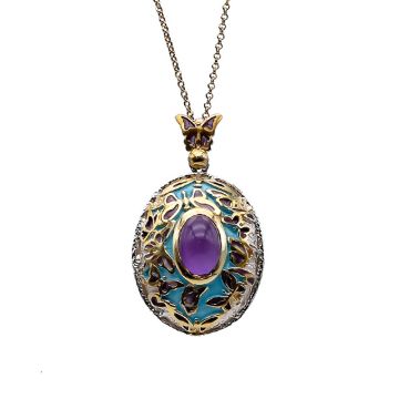 Halskette mit Amethyst-Kristall-Schmetterling, vergoldet mit Emaille