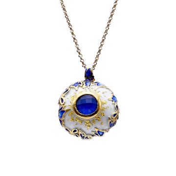 Silberner Emaille-Schmetterlingsanhänger, vergoldet mit goldenen Blättern und Lapislazuli-Edelstein