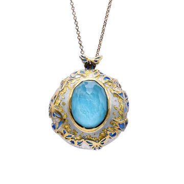 Crystal Turquoise Butterfly Necklace Gold Plated with Enamel, 24K Gold Leaves and Quartz 