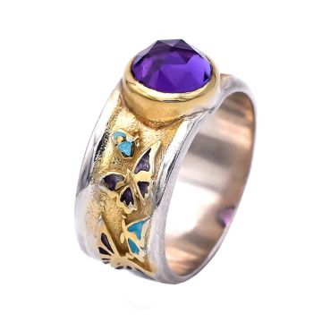 Amethyst-Schmetterlingsring vergoldet mit Emaille. In verschiedenen Farben