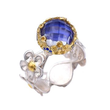 Silberner Quarzring mit blühendem Schaft und Indigo-Emaille. In verschiedenen Farben