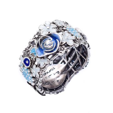 Blumenring aus oxidiertem Silber mit Emaille