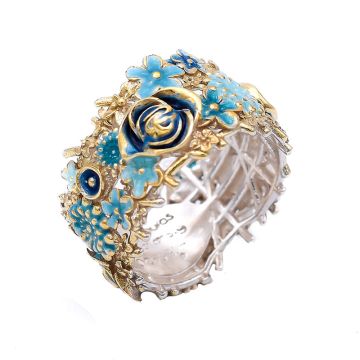 Blauer Blumenring mit vergoldeten Details und Emaille