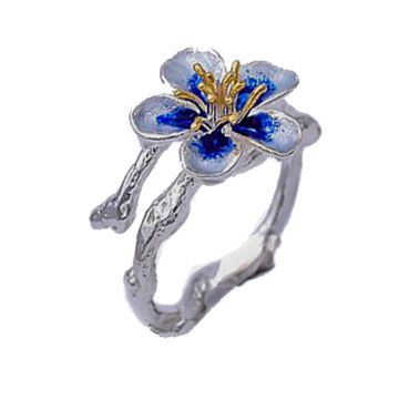 Adjustable Plum Flower Ring Made Of Silver and Enamel 