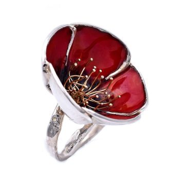 Roter Mohnblumenring aus Sterlingsilber