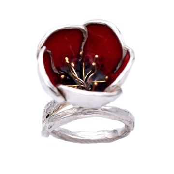 Verstellbarer Ring mit roter Mohnblume aus Silber und Emaille