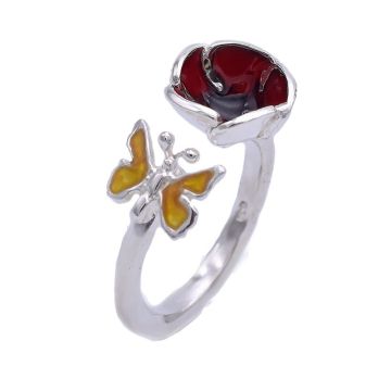 Roter Mohnblumen-Schmetterlingsring aus Silber und Emaille