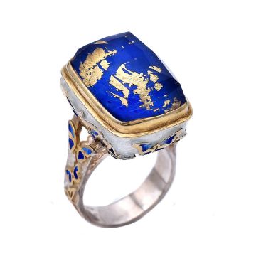 Lapislazuli-Silberring, vergoldet mit Emaille, 24-Karat-Goldblättern und Quarz