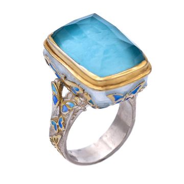 Silber-Türkis-Ring, vergoldet mit Emaille und Wams-Türkis mit Quarz