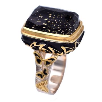 Ring vergoldet mit Emaille und schwarzem Achat24K Goldblätter und Quarz