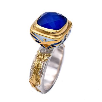 Lapislazuli-Silberring, vergoldet mit Emaille, 24 Karat goldene Blätter