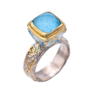 Dainty Turquoise Butterfly Ring Gold Plated with Enamel and Quartz 