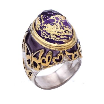 Inspirierender Amethyst-Ring, vergoldet mit Schmetterlingen und 24-Karat-Goldblättern