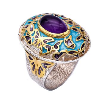 Auffälliger Amethyst-Ring für Damen, vergoldet mit Schmetterlingen, türkisfarbene Emaille