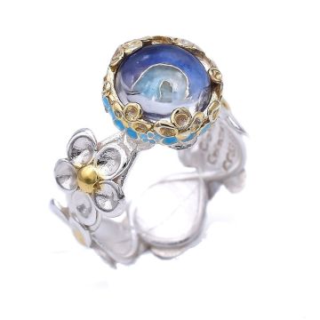 Ring mit Quarzstein aus Silberemail und vergoldet