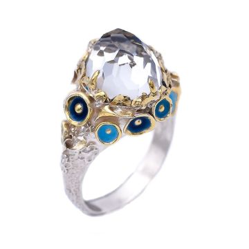 Silberring mit Emaille und 24 Karat Blattgold in Kombination mit Quarz