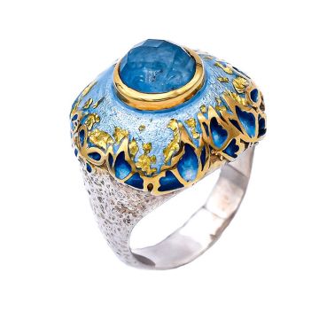 Schmetterlingsring, vergoldet mit Emaille, 24-Karat-Goldblätter, Apatit mit Quarz In verschiedenen Farben