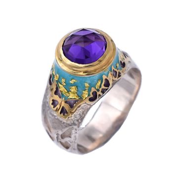 Silberner Amethyst-Schmetterlingsring, vergoldet mit Emaille
