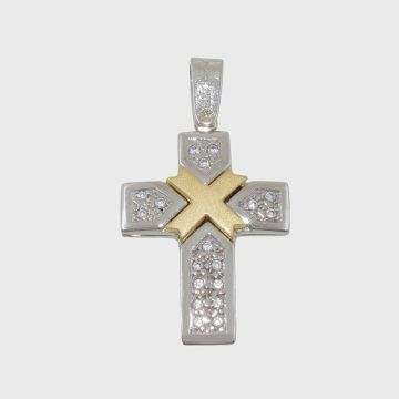 Kreuz Weißes Gelbgold 14 Karat mit zwei Gesichtern