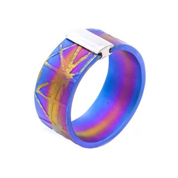 Colorful Flat titanium Band Ring Textured with Sterling Silver Detail. In different colors